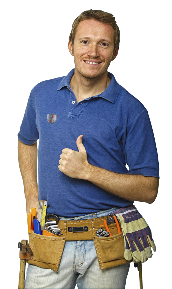 A smiling person wearing a tool belt gives a thumbs-up after providing air duct cleaning service.